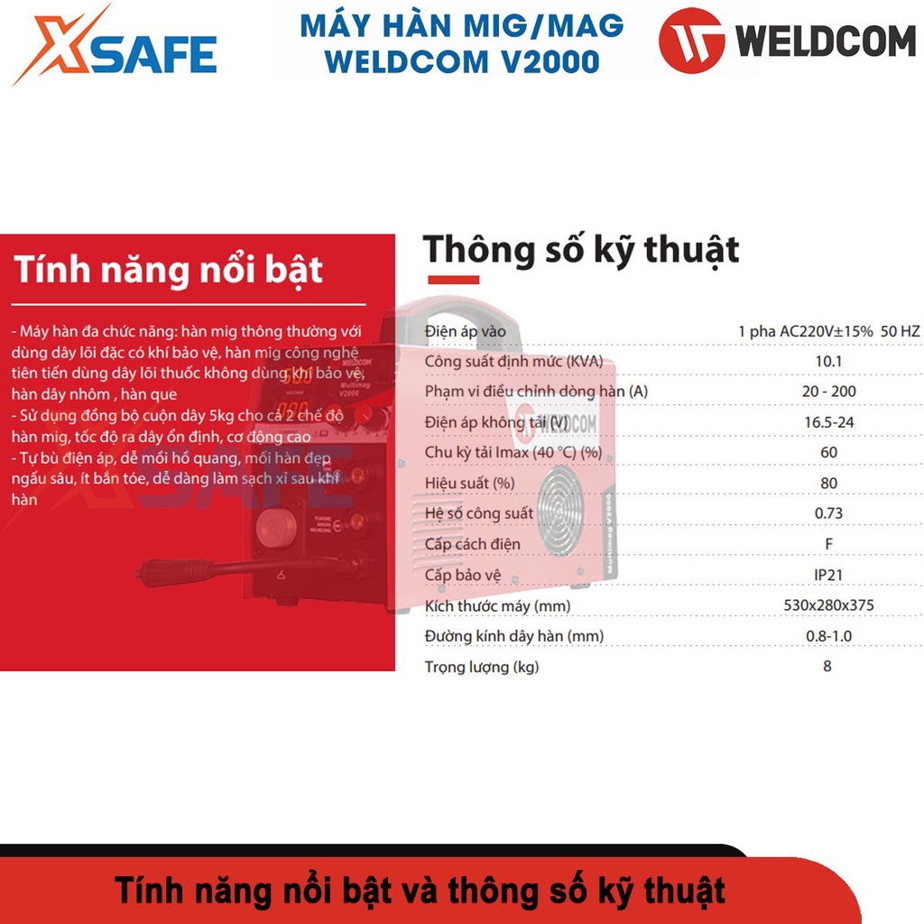Máy hàn mig Weldcom V2000 đa chức năng hàn mig, tig, que, mối hàn đẹp ngấu sâu, dễ làm sạch xỉ sau khi hàn - chính hãng