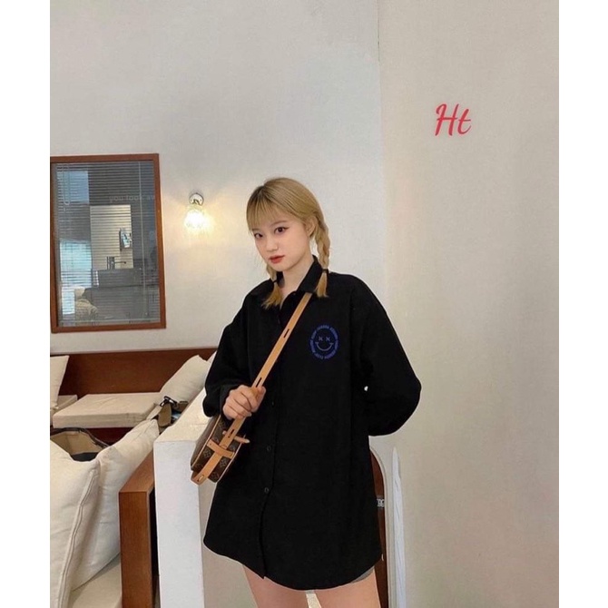 Áo sơ mi mặt cười chữ God xanh H2