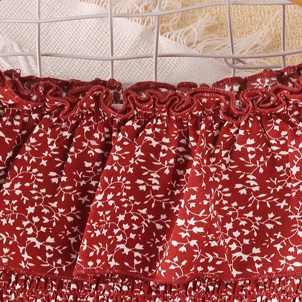 Đầm SIYYIS phối bèo hở vai in hoa màu đỏ phong cách Hàn Quốc thời trang dành cho bé gái 8-14 tuổi