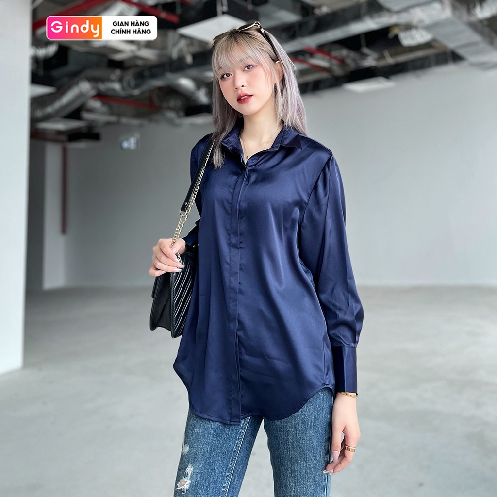 Áo sơ mi nữ form rộng màu xanh cổ đức vải lụa mềm GINDY basic sơmi công sở, sinh viên học sinh A10026