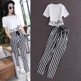 Bộ áo thun trắng ngắn tay + quần dài họa tiết sọc đen trắng thời trang cho nữ