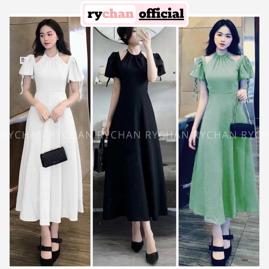 Đầm Váy Nữ Dự Tiệc Cổ Yếm Cách Tân Khoét Vai Tay Bo Dây Cổ Xưa Màu Xanh Đen Trắng [ẢNH THẬT CUỐI] - DX9729