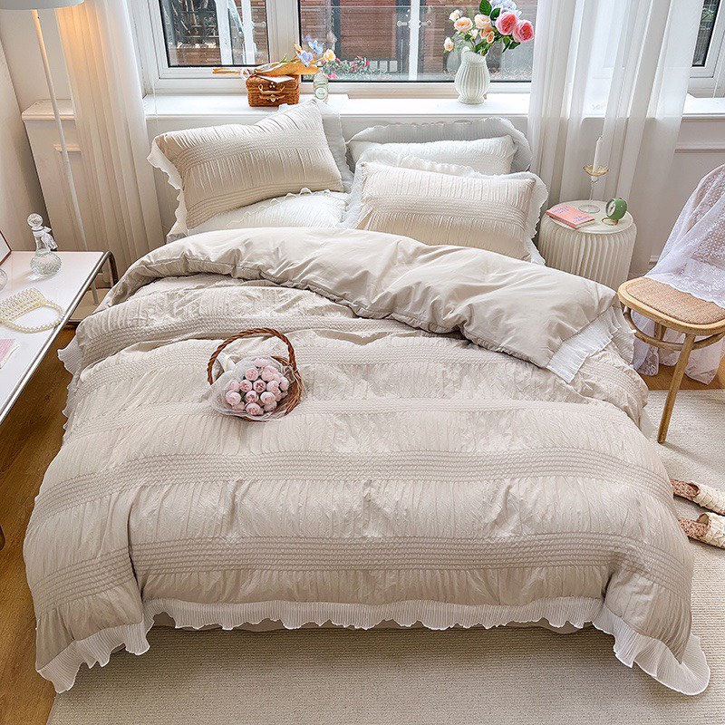 Bộ chăn ga gối cotton đũi dúm 4 món viền bèo công chúa nhập khẩu cao cấp, set ga gối cotton xinh xắn thoáng mát thấm hút