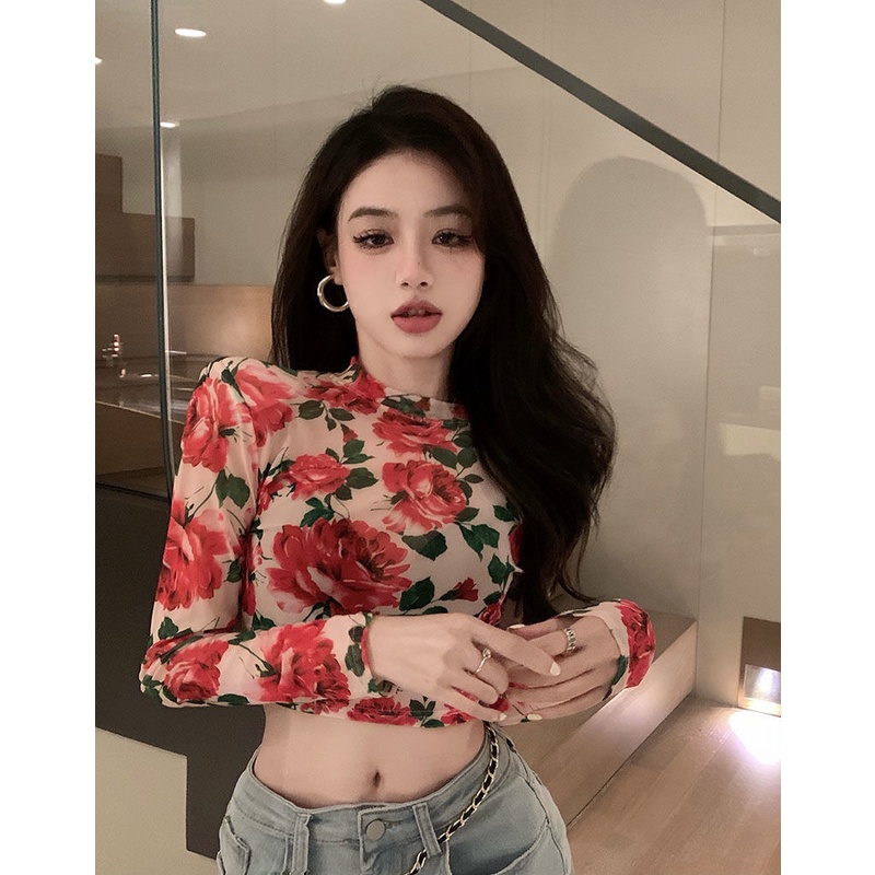 Áo Croptop In Hoa Kiểu Vintage Thời Trang Mùa Xuân Cho Nữ