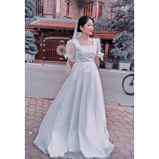 (nhận may theo size) đầm dạ hội trắng cổ vuông tay phồng váy xòe, đầm công chúa cô dâu đính hôn đi tiệc