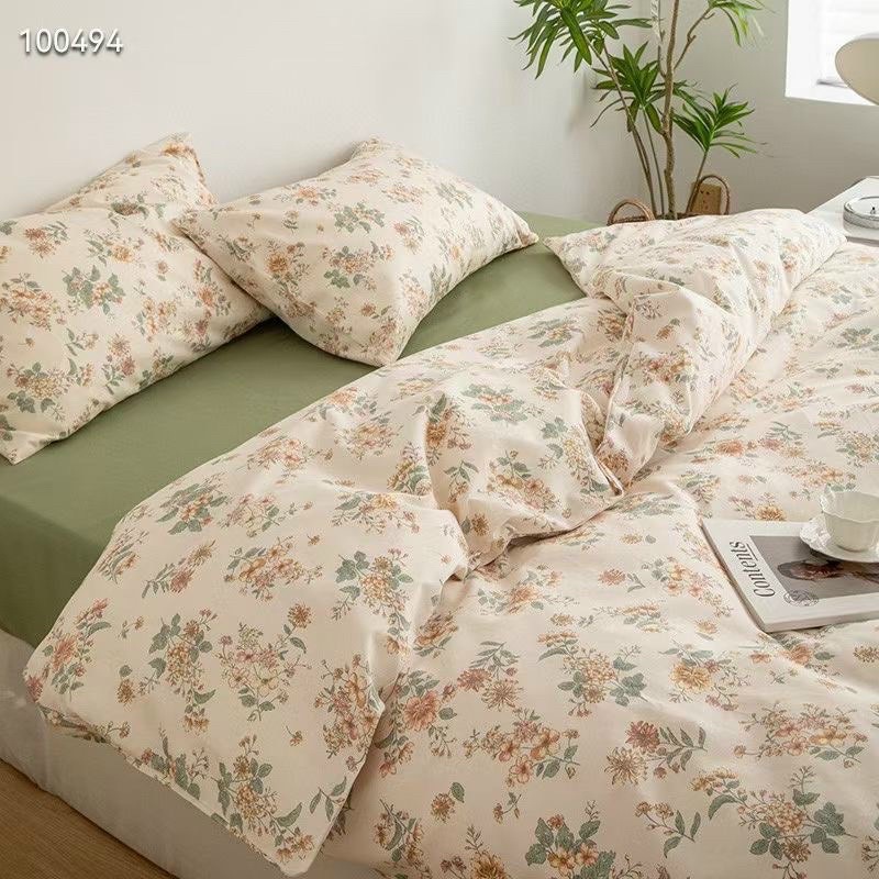 Bộ vỏ chăn ga gối Cotton Living  cao cấp - hoa nhí trắng ga xanh lá