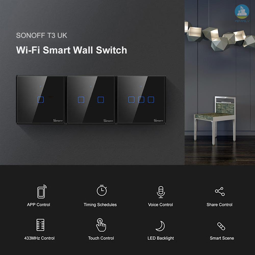 MI  SONOFF T3UK3C-TX 3 Gang Smart WiFi Wall Light Switch 433Mhz RF Remote Control APP/Touch Control Timer UK Standard Panel Smart Switch Compatible with Google Home/Nest & Alexa