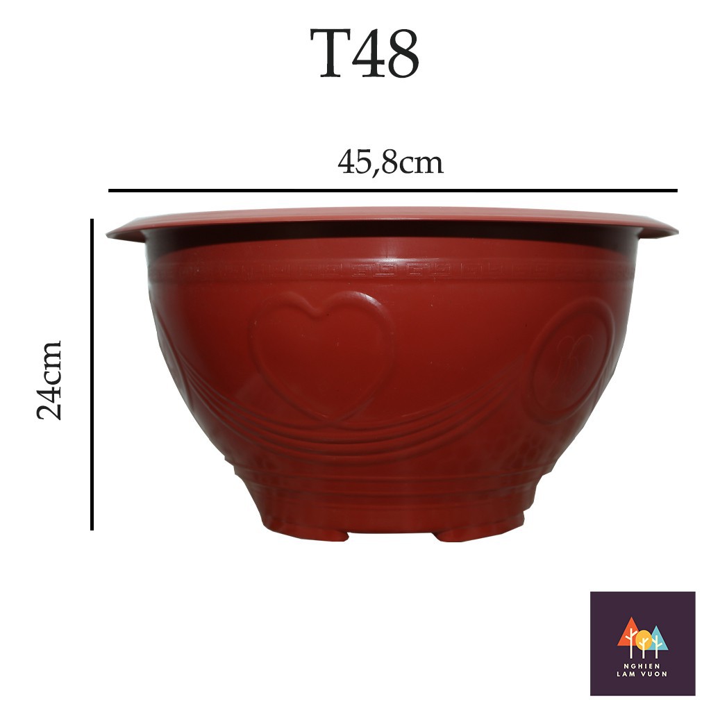 Chậu nhựa tròn dập hoa văn nổi màu đỏ mã CN10T48 loại không có lỗ thoát nước chuyên trồng hoa sen Size T48 (45,8x24cm)