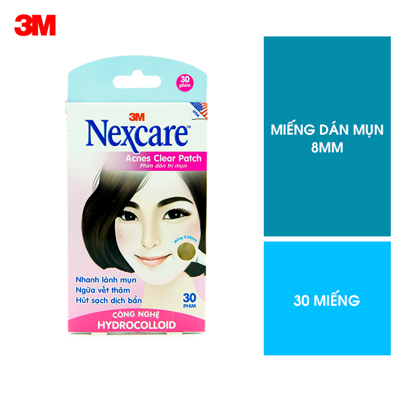 Miếng dán mụn bọc Nexcare 3M 8mm hộp 30 miếng siêu mỏng, không thấm nước, co dãn tốt, giảm viêm, thâm TA030