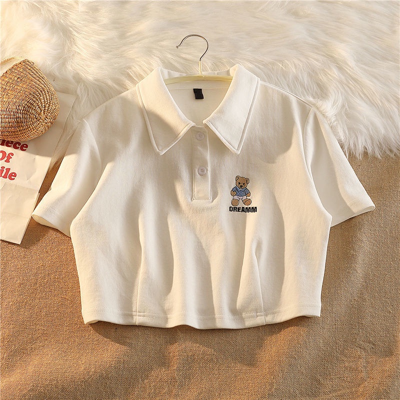 Áo Thun polo Tay Ngắn Dáng Rộng In Hình Gấu Dễ Thương Cho Nữ