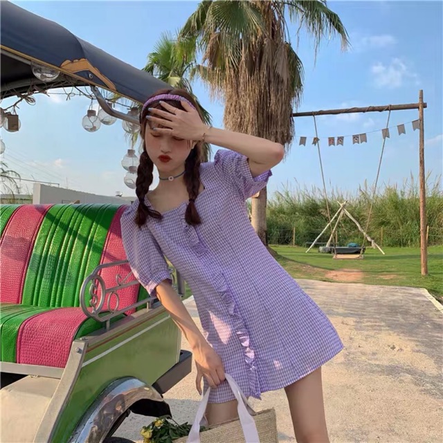 Đầm caro tím cổ vuông Ulzzangs xinh xắn