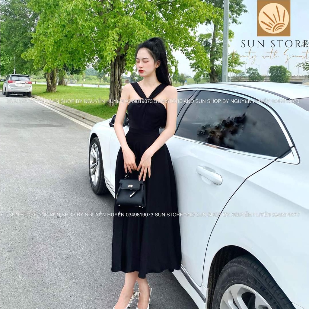 Váy yếm xòe Thu Hương, đầm Maxi cổ yếm lụa siêu xinh. Đầm lụa đẹp.