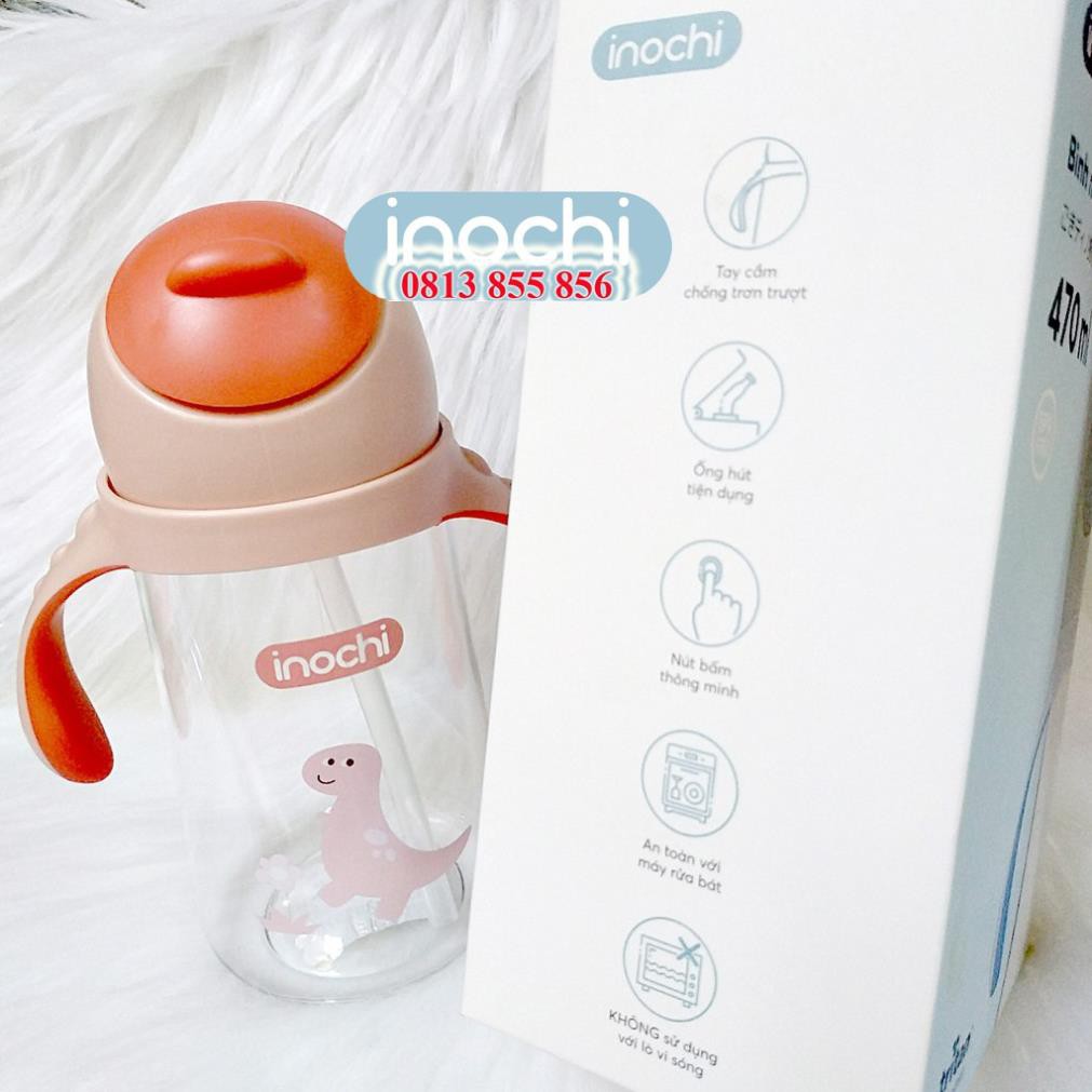 Bình nước trẻ em Inochi chịu nhiệt Goki Dino 470ml Binh tập uống nước cho bé có tay câm