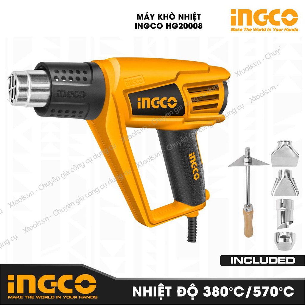 Máy khò nhiệt INGCO HG20008 Công suất 2000W Tặng kèm 5 món 1 cây nạo/cào và 4 miệng vòi, Máy thổi nhiệt 350°C/550°C