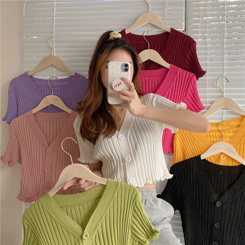 Áo croptop nữ dệt kim cổ chữ V tay ngắn màu ngọt ngào thời trang