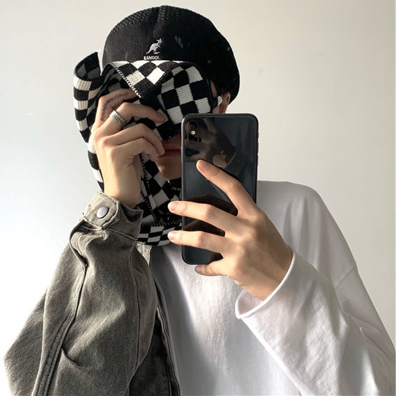 Khăn choàng cổ đan len họa tiết sọc ca rô trắng đen phong cách Âu Mỹ thời trang thu đông cho nữ