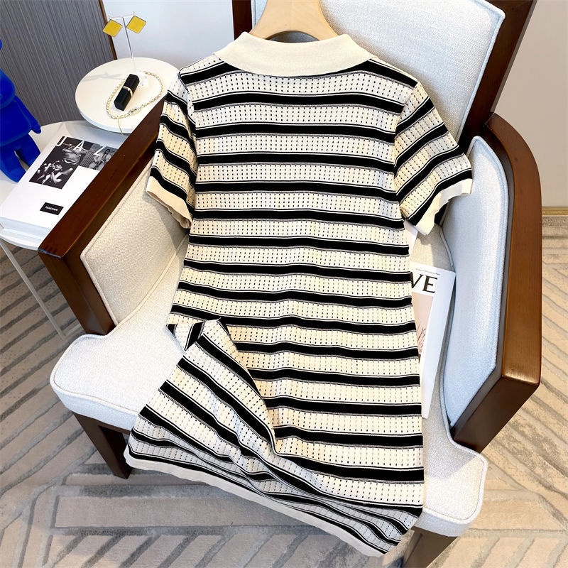 Đầm Thun Dài Qua Gối Cổ POLO Dáng Rộng Tay Ngắn Phồng Họa Tiết Kẻ Sọc Thời Trang Cho Nữ  tao bao