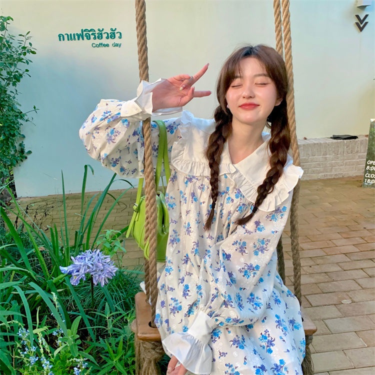 Đầm nữ tay dài phồng cổ búp bê dáng rộng phong cách Hàn Quốc ngọt ngào thời trang mùa thu mới