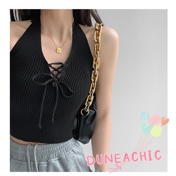DUNEA Áo Tank Top Dệt Kim Cổ Chữ V Hở Lưng Màu Trơn Quyến Rũ