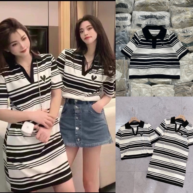 [Có bán tách riêng]Set đồ bạn thân thêu hình tim chất vàmongtogi hàng Quảng châu Đầm dáng suông hàn Quốc và áo croptop