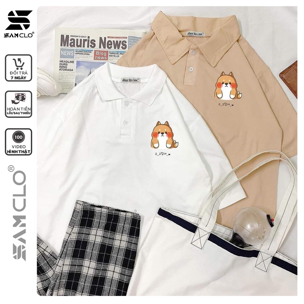 Áo thun Polo tay lỡ form rộng nữ SAM CLO phông freesize unisex mặc đi học, nhóm, lớp in hình chó SHIBA CHỮ NHẬT