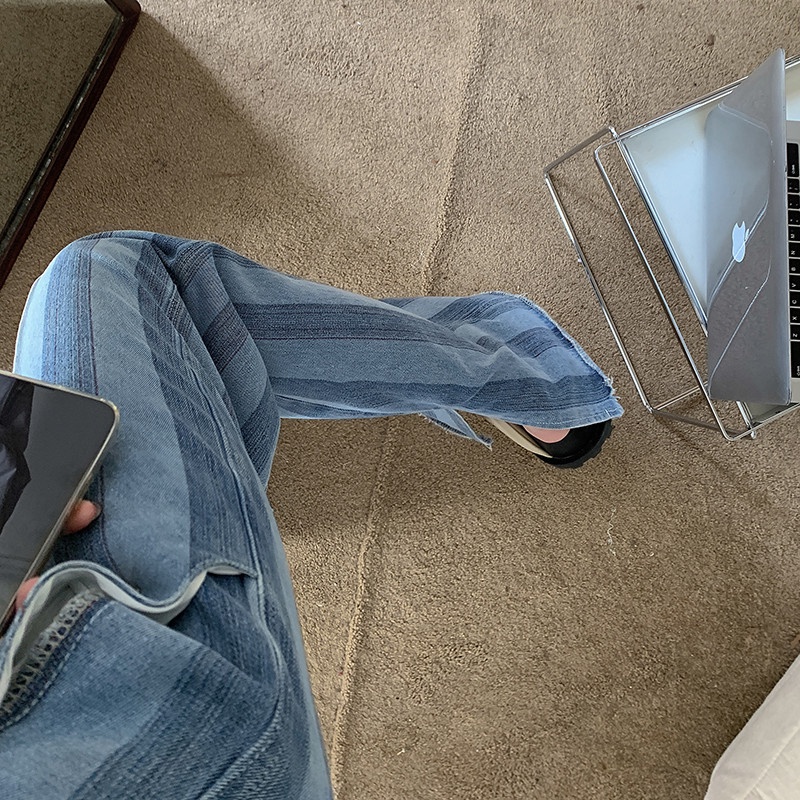 Quần Jean Dài Dáng Rộng Ống Suông Hoa Văn Kẻ Sọc Thời Trang