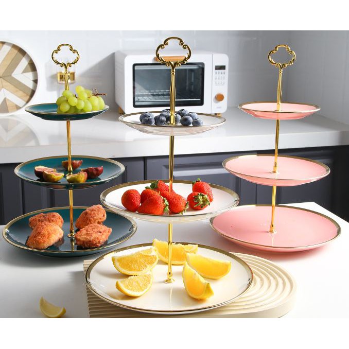 Khay bánh sứ viền mạ vàng 3 tầng bày bàn tiệc, khay bánh sứ 3 tầng, trang hoa quả bánh kẹo trang trí phòng bếp