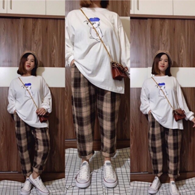 Quần kẻ nâu ống  suông unisex chất thô mềm free size dứoi 57kg