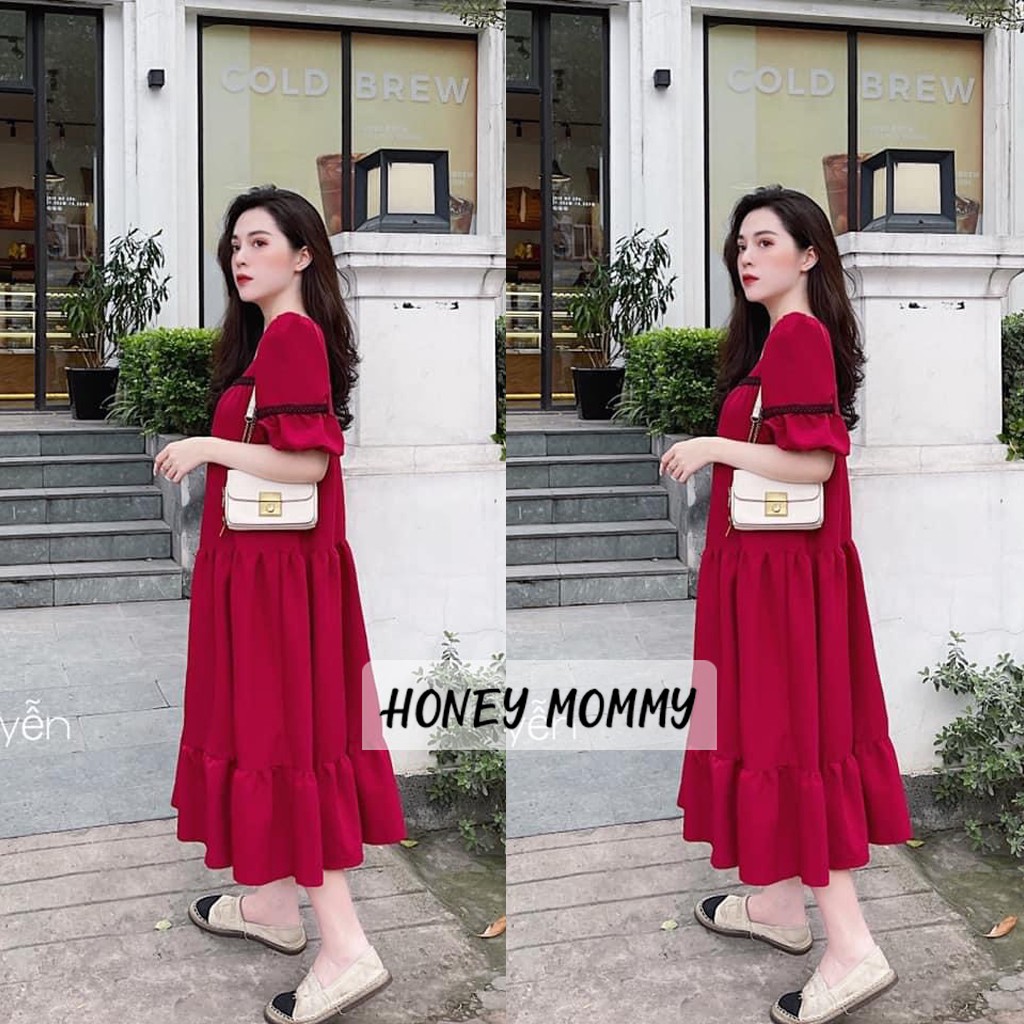 Váy Bầu Cổ Vuông Màu Đỏ Ngắn Tay Đầm Bầu Đẹp Mùa Hè Đi Tiệc Đi Chơi HD2628 Honey Mommy