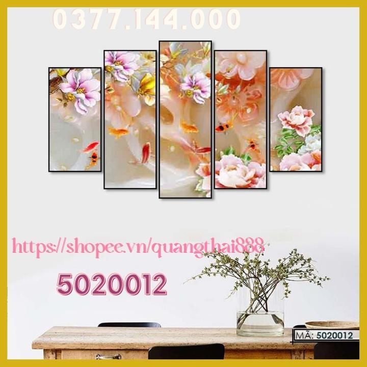 Bộ 5 Tấm Tranh treo tường Phong Thủy Hoa Mẫu Đơn Cá Chép Cửu Ngư Quần Hội Tụ phòng khách trang trí nhà cửa 5020012
