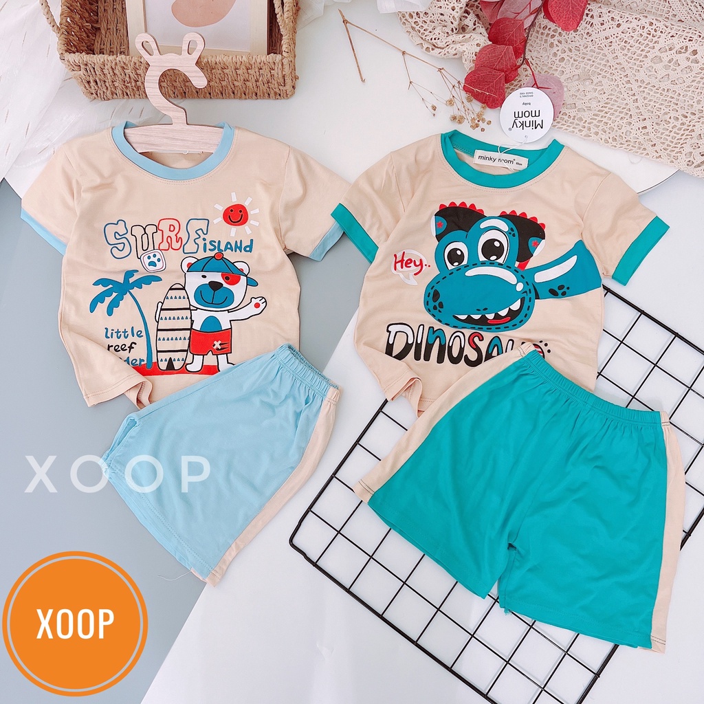 Bộ cộc tay nền da minky mom chất thun lạnh họa tiết  khủng long-dinosa cho bé (8-28kg) (2105 ) shop phúc yến