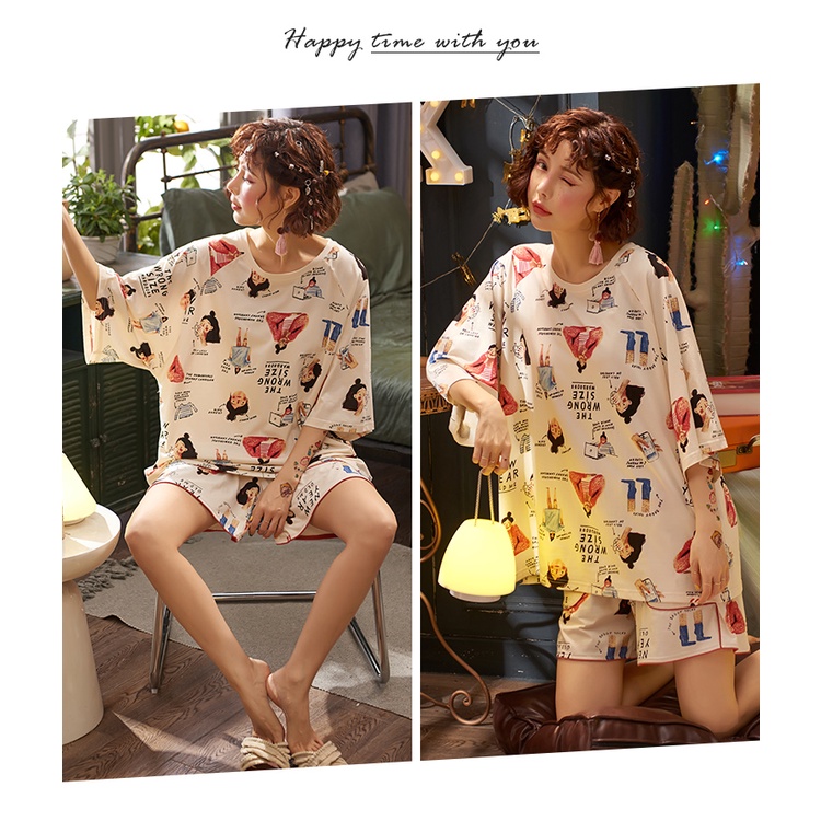 [Hàng QC] Bộ Đồ Ngủ Nữ Cotton Ngắn Tay - Đồ Mặc Nhà Nữ Kiểu Dáng Hàn Quốc, Chất Vải Nhẹ Siêu Mịn Mát Size 45-55kg