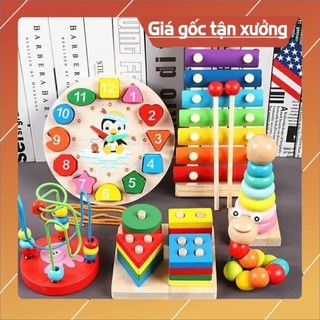 Combo 4 món đồ chơi phát triển trí tuệ cho trẻ vừa chơi vừa học, đồ chơi gỗ, đồ chơi an toàn, sâu, đàn, tháp, luồn hạt