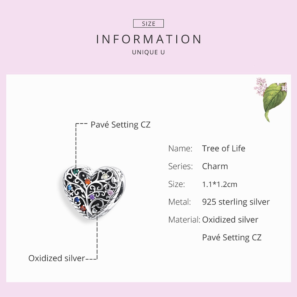 Hạt Charm Bamoer SCC1608 Trang Trí Vòng Đeo Tay Thủ Công Mặt Họa Tiết Hình Cây Sự Sống Đính Đá CZ Bằng Bạc 925