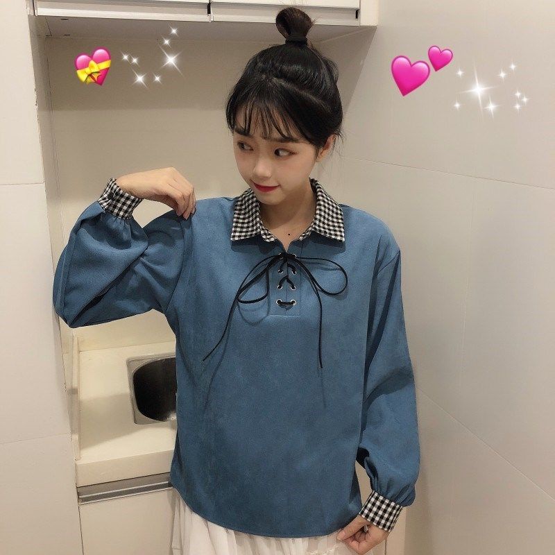 Áo polo Tay Dài Cổ Thắt Nơ Họa Tiết Caro Thời Trang Dành Cho Nữ