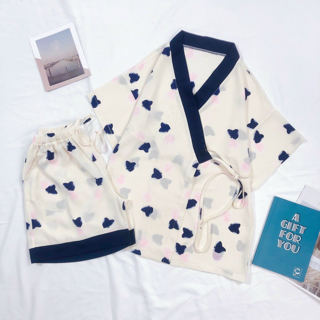 Bộ Kimono Nữ Cộc Tay Dây Eo Họa Tiết 5d 4 Màu