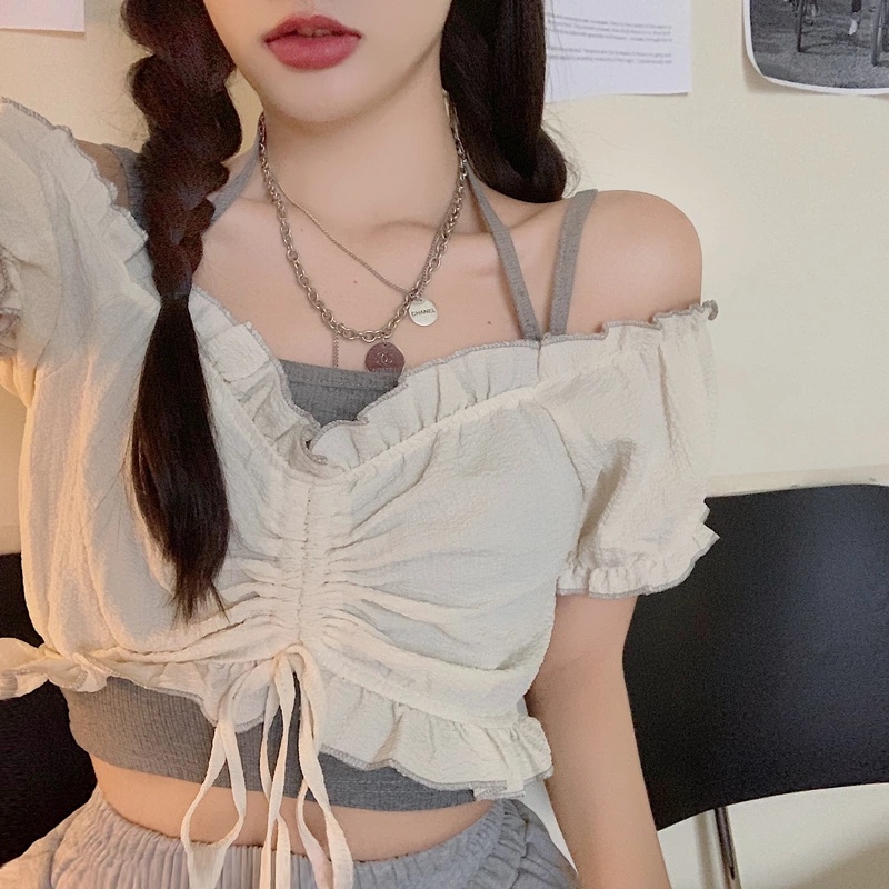 Áo Croptop Tay Ngắn Dây Rút Phong Cách Hàn Quốc Thời Trang Cho Nữ