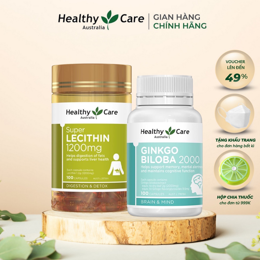 Combo Viên Uống Bổ Não Healthy Care Ginkgo Biloba 100 Viên Và Mầm Đậu Nành Healthy Care Super Lecithin 100 viên