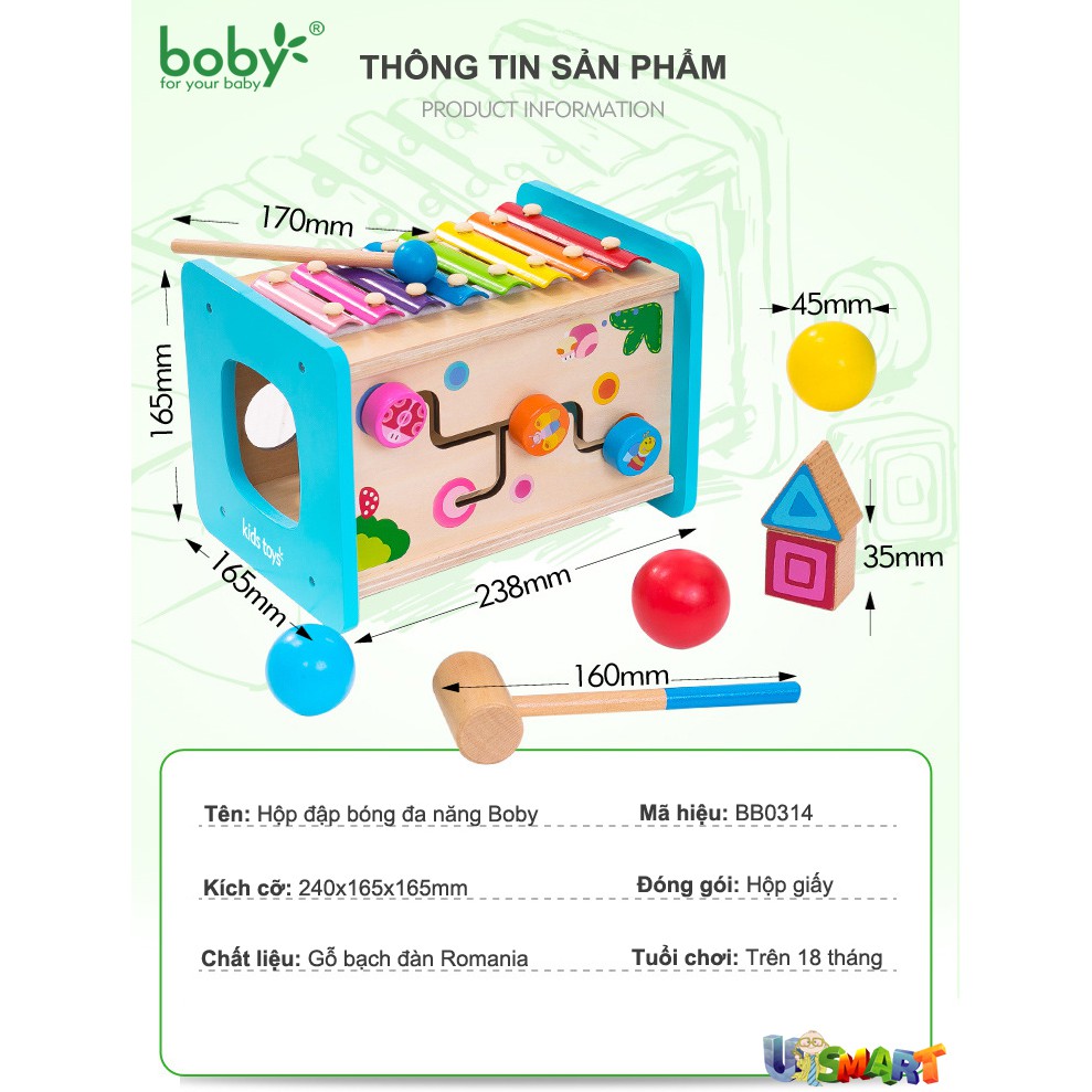 Đồ chơi gỗ Montessori cho bé Hộp đập bóng thả hình kèm đàn nhạc Boby