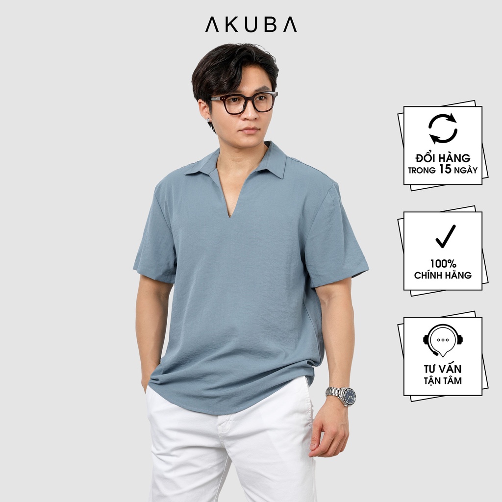 Áo linen nam có cổ tay ngắn trơn AKUBA form regular, vải linen nhẹ, thấm hút cực tốt, thân thiện môi trường 02B0289