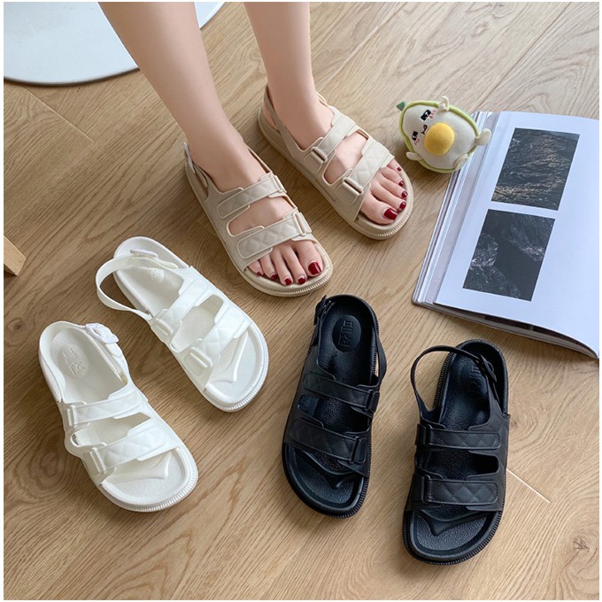 [HCM] Sandal Nữ Đế Bằng 2 Quai Dán Chất Liệu Cao Su Chống Nước