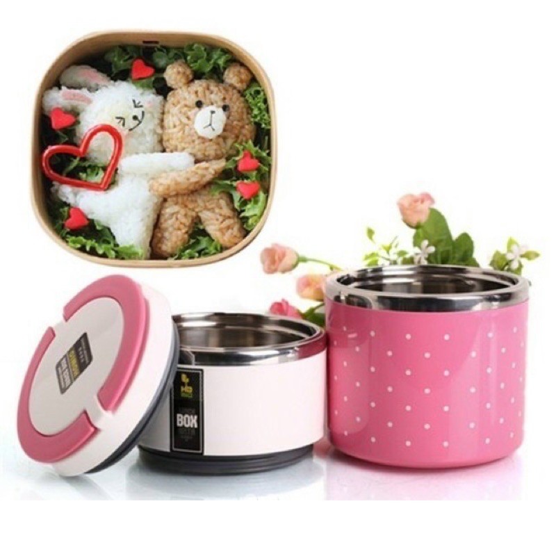 Hộp cơm chấm bi giữ nhiệt thực phẩm ruột Inox 2 tầng
