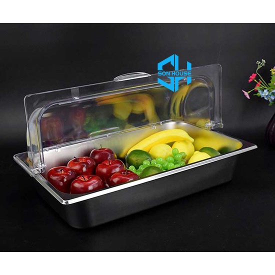 Khay inox hình chữ nhật đựng rau củ, hải sản tươi sống, đồ ăn nấu chín có nắp đậy kín trong suốt cho nhà hàng siêu thị