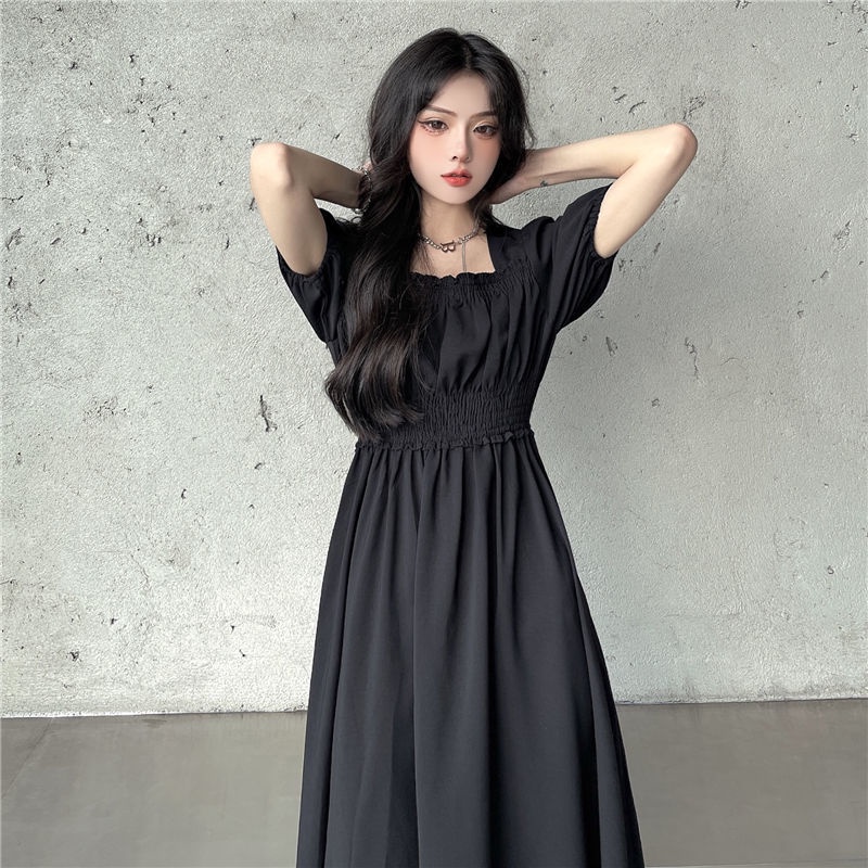 Đầm Dài Lưng Cao Cổ Vuông Màu Đen Co Giãn Tốt Thời Trang Sang Trọng Cho Nữ