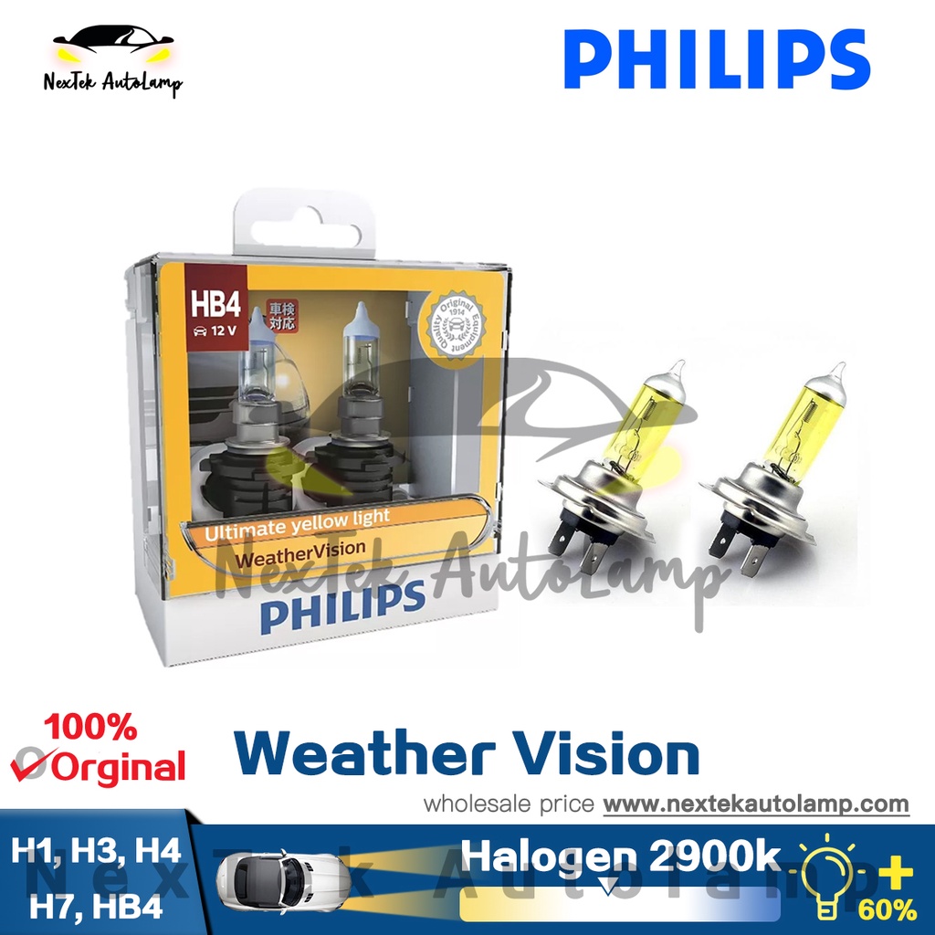 Philips Weather Vision H1 H3 H4 H7 HB4 Đèn pha halogen xe hơi 2900K 12258WV Đèn sương mù màu vàng ô tô chính halogen Đèn halogen +60%