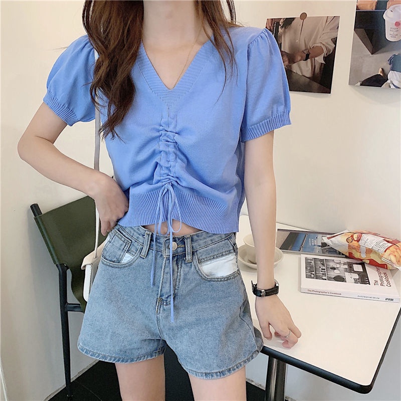 Áo Thun Nữ Dệt Kim Tay Ngắn Phối Dây Rút Thời Trang Cho Áo phông Nữ TX-148