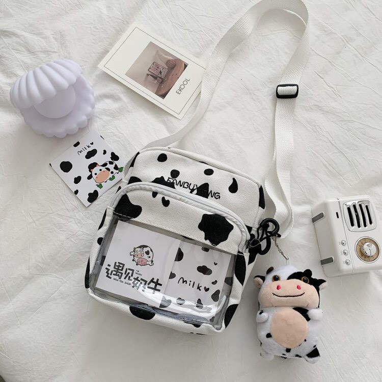 Túi Vải Phối Nhựa Vừa điện thoại ⚡️ XẢ KHO ⚡️ Tui đeo chéo bò sữa trong suốt học sinh in họa tiết bò sữa đáng yêu