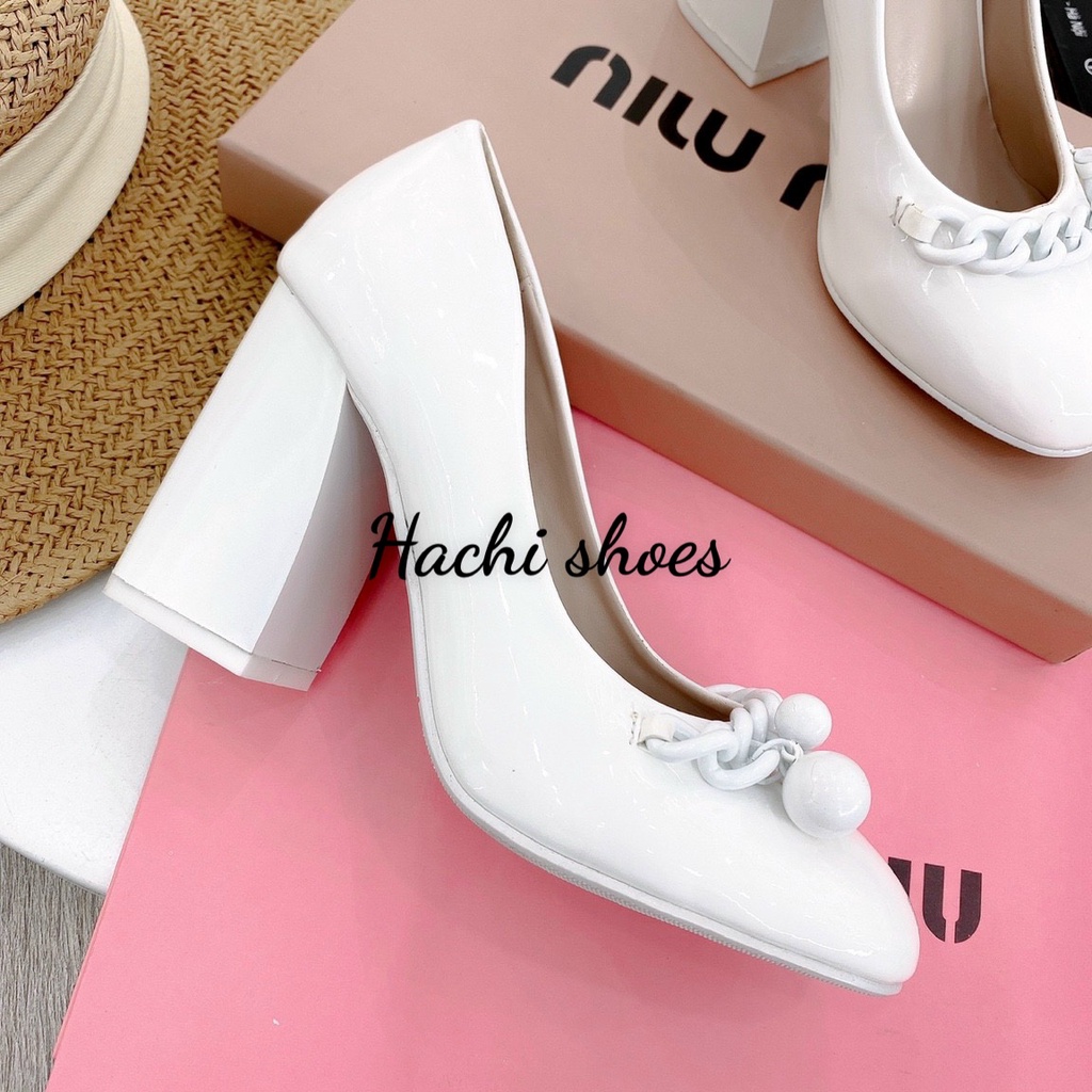 Giày cao gót trắng miumiu gót vuông cao 9cm mẫu hót fullbõx MX2021