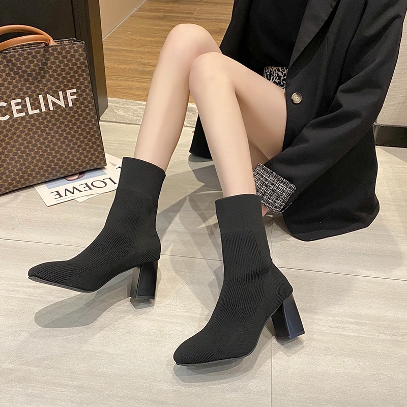 Giày boot IELGY cao gót mũi vuông bằng len co giãn thời trang dành cho nữ