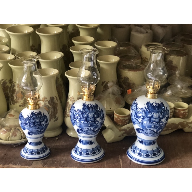 Đèn Dầu Thờ Men Lam Vẽ Rồng Bát Tràng
